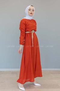 Modalamelif Hasır Kemerli Pıtırcık Desen Elbise Kiremit