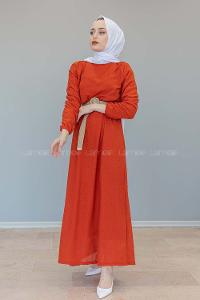 Modalamelif Hasır Kemerli Pıtırcık Desen Elbise Kiremit