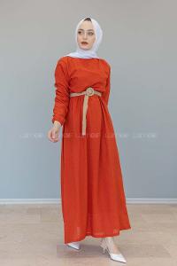 Modalamelif Hasır Kemerli Pıtırcık Desen Elbise Kiremit