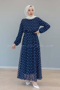 Modalamelif İçi Astarlı Puanlı  Şifon Elbise Lacivert