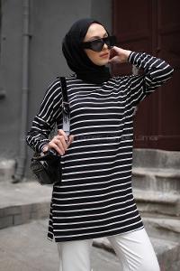 Modalamelif İnce Beyaz Çizgili Tunik Siyah