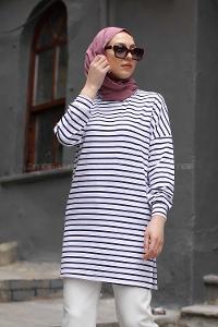 Modalamelif İnce Siyah Çizgili Tunik Beyaz