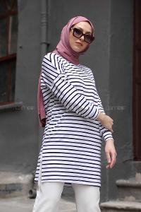 Modalamelif İnce Siyah Çizgili Tunik Beyaz