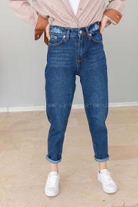 Modalamelif Bel Ve Paça Yırtıklı Mom Jean Koyu Mavi