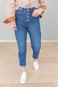 Modalamelif Önü Düğmeli  Bel Ve Paça Yırtıklı Mom Jean Koyu Mavi