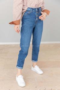 Modalamelif Önü Düğmeli  Bel Ve Paça Yırtıklı Mom Jean Koyu Mavi