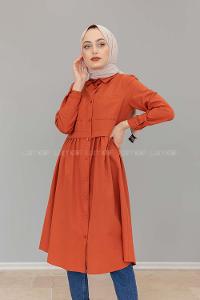 Modalamelif Robalı Çift Cepli Uzun Tunik Kiremit