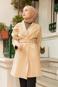 Modalamelif Çift Cepli Kemerli Kimono Bej