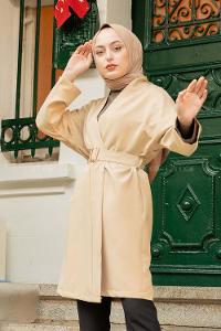 Modalamelif Çift Cepli Kemerli Kimono Bej