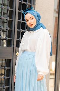 Modalamelif Fırfır Detaylı Balon Kol Gömlek Beyaz