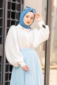 Modalamelif Fırfır Detaylı Balon Kol Gömlek Beyaz