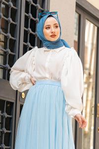 Modalamelif Fırfır Detaylı Balon Kol Gömlek Beyaz