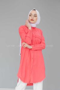 Modalamelif Eteği Saçaklı Gömlek Şeker Pembesi