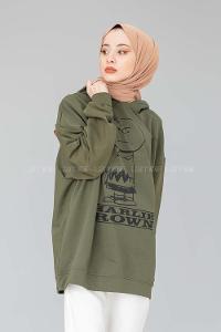 Modalamelif Karikatür Baskılı Kapşonlu Sweat Haki