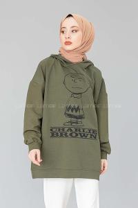 Modalamelif Karikatür Baskılı Kapşonlu Sweat Haki