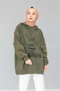 Modalamelif Karikatür Baskılı Kapşonlu Sweat Haki