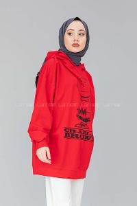 Modalamelif Karikatür Baskılı Kapşonlu Sweat Kırmızı