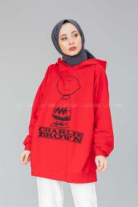 Modalamelif Karikatür Baskılı Kapşonlu Sweat Kırmızı