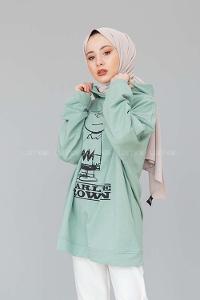 Modalamelif Karikatür Baskılı Kapşonlu Sweat  Mint Yeşili