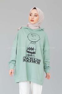 Modalamelif Karikatür Baskılı Kapşonlu Sweat  Mint Yeşili