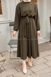 Modalamelif Yarasa Kol Kloş Etekli Mevlana Elbise Haki