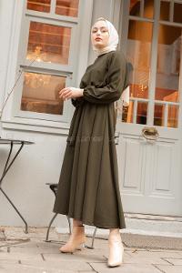 Modalamelif Yarasa Kol Kloş Etekli Mevlana Elbise Haki