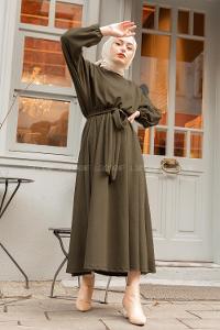 Modalamelif Yarasa Kol Kloş Etekli Mevlana Elbise Haki