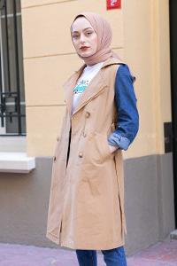 Modalamelif Kol Kot Detaylı Belden Bağlamalı Trenç Camel