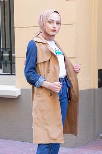 Modalamelif Kol Kot Detaylı Belden Bağlamalı Trenç Camel