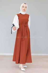 Modalamelif Balon Kol Kemerli  Elbise Acı Kahve