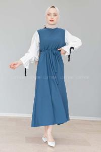 Modalamelif Balon Kol Kemerli  Elbise İndigo