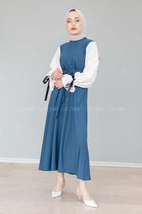 Modalamelif Balon Kol Kemerli  Elbise İndigo