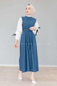 Modalamelif Balon Kol Kemerli  Elbise İndigo