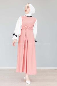 Modalamelif Balon Kol Kemerli  Elbise Pudra