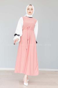 Modalamelif Balon Kol Kemerli  Elbise Pudra