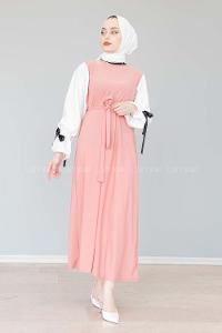 Modalamelif Balon Kol Kemerli  Elbise Pudra