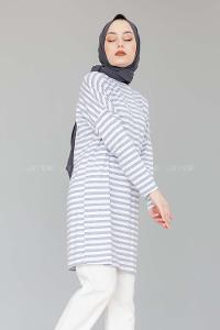 Modalamelif Bisiklet Yaka  Çizgili Sweat Shirt Gri