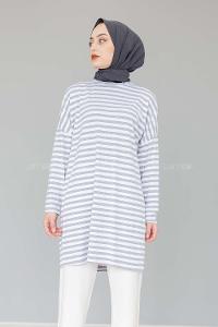 Modalamelif Bisiklet Yaka  Çizgili Sweat Shirt Gri