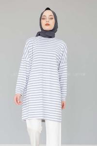 Modalamelif Bisiklet Yaka  Çizgili Sweat Shirt Gri