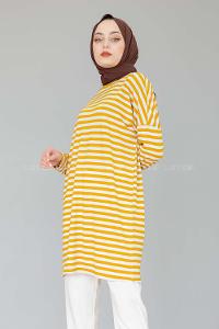 Modalamelif Bisiklet Yaka  Çizgili Sweat Shirt Hardal Sarısı