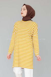 Modalamelif Bisiklet Yaka  Çizgili Sweat Shirt Hardal Sarısı