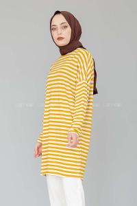 Modalamelif Bisiklet Yaka  Çizgili Sweat Shirt Hardal Sarısı