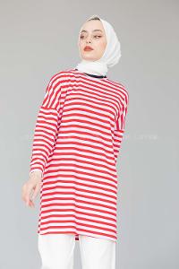 Modalamelif Bisiklet Yaka  Çizgili Sweat Shirt  Kırmızı