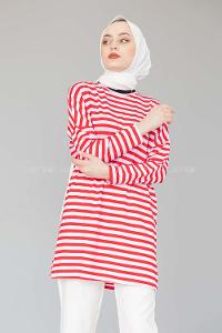 Modalamelif Bisiklet Yaka  Çizgili Sweat Shirt  Kırmızı