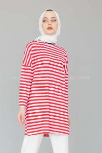 Modalamelif Bisiklet Yaka  Çizgili Sweat Shirt  Kırmızı