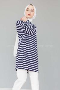 Modalamelif Bisiklet Yaka  Çizgili Sweat Shirt  Lacivert