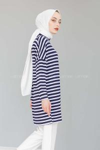 Modalamelif Bisiklet Yaka  Çizgili Sweat Shirt  Lacivert