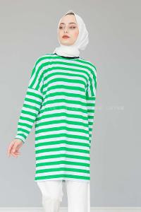 Modalamelif Bisiklet Yaka Kalın  Çizgili Sweat Shirt  Yeşil