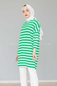 Modalamelif Bisiklet Yaka Kalın  Çizgili Sweat Shirt  Yeşil