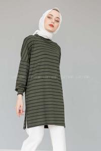 Modalamelif İnce Siyah Çizgili Tunik Asker Yeşili